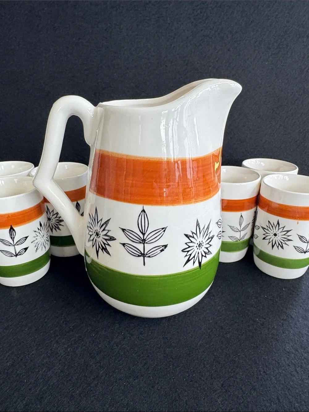 VTG Royal Sealy 1950 MCM Hand Painted Pitcher and 6 Cups Japan